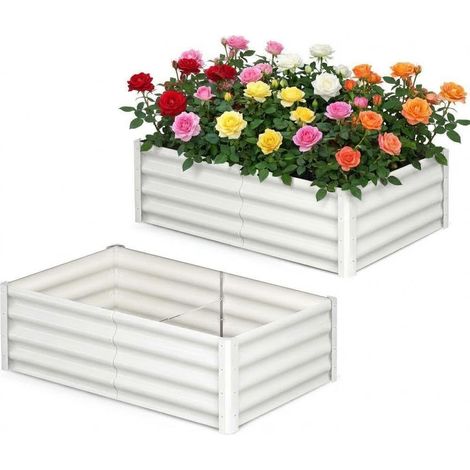 Lot de plates-bandes surélevées métal galvanisé 183x91x30 cm, rectangulaire avec bordure de sécurité. Idéale pour légumes, fleurs et plantes, couleur blanc crème (1/5)