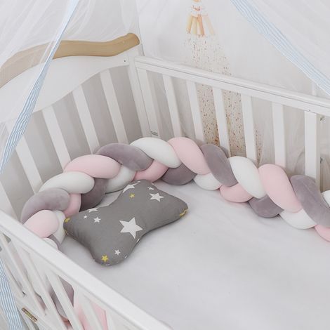 Babybett-Nestchen – 1,5 m langes Schlangenkissen, geflochtenes Kissen, Samt-Schutzpolster, Anti-Kollisions-Stoffumrandung für Babys (Weiß+Grau+Rosa) (1/2)