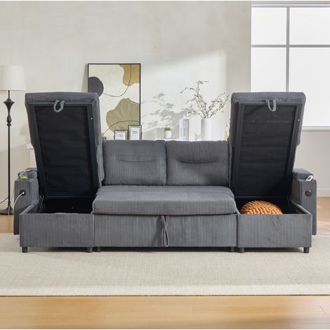 Divano angolare 4 posti con doppia chaise longue, contenitore e USB-C, grigio carbone (1/5)