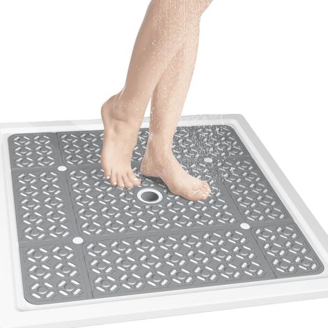 Tapis de douche carré 68,5 x 68,5 cm, en TPE antidérapant avec ventouses et trous d'évacuation, séchage rapide, gris (1/5)