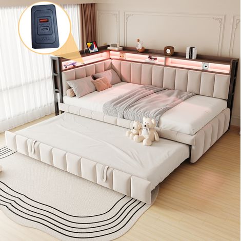 Lit banquette moderne 90x200 cm en velours beige, gigogne, avec LED, rangements, ports USB et Type-C (1/5)