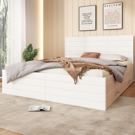 Cama matrimonial 140x200 cm de madera maciza y MDF blanco/roble con 2 cajones y somier de láminas (1/5)