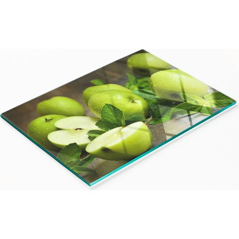 Tablero de vidrio decorativo multifuncional para cocina con diseño de manzanas verdes, 80x52 cm. (1/5)