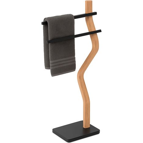 Relaxdays Portasciugamani a 2 Bracci Sfalsati, Piantana da Bagno, 86x37x18 cm, Porta Asciugamani in Ferro e Legno, Nero