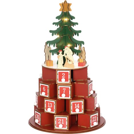Calendario Avvento di Natale a Cono con Motivi a Tema e 10 Luci a LED, 22x22x35 cm, in Compensato, Rosso Verde e Giallo
