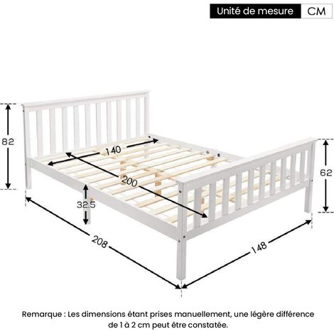 Letto per Adulti, Letto Matrimoniale 140×200 cm con Struttura Stabile, senza Materasso, in Legno Massello, Bianco (1/4)