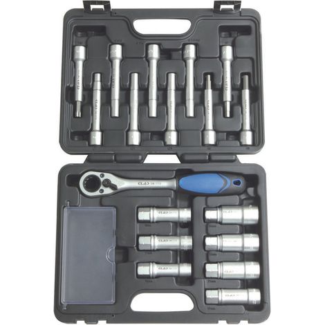 Clas – Coffret cliquet et douilles traversantes 16-24mm – Pour démontage têtes amortisseurs – 10 pièces – Compatible avec écrous de coupelle supérieure (1/3)