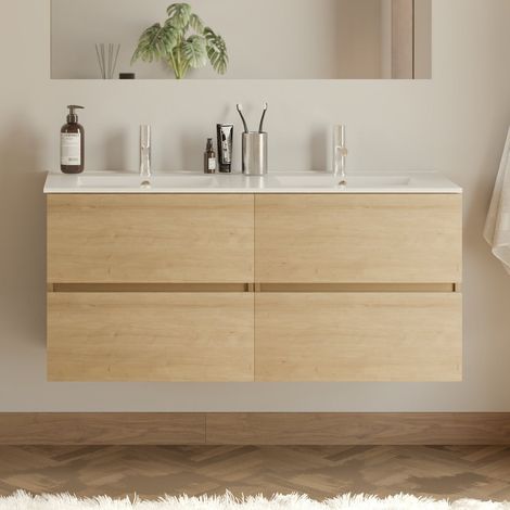 Meuble de salle de bain 140cm double vasque - 4 tiroirs - sans miroir - nebraska (chêne clair) - IDA (1/5)