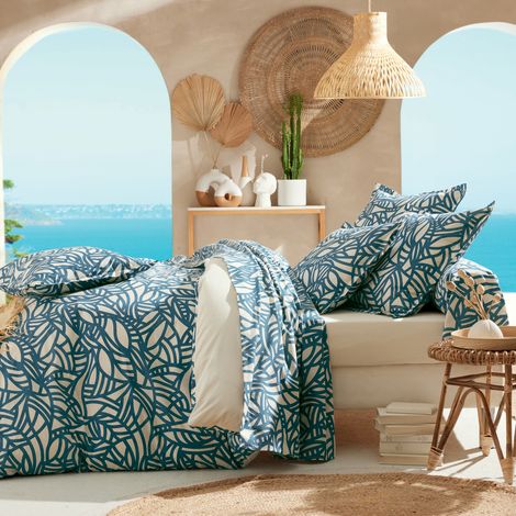 Housse de couette coton végétal géométrique réversible uni Bleu 140x200 cm