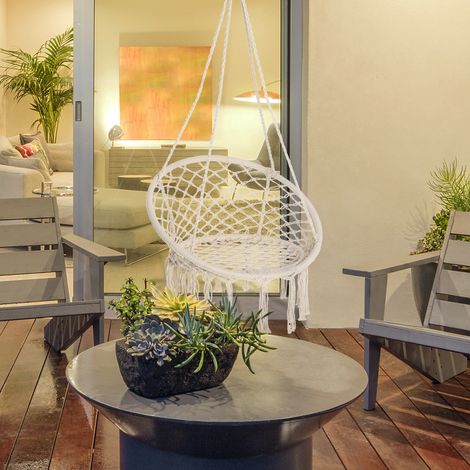 Outsunny Chaise suspendue fauteuil suspendu intérieur/extérieur, hamac de voyage portable, Ø80x42cm, macramé coton et polyester, beige