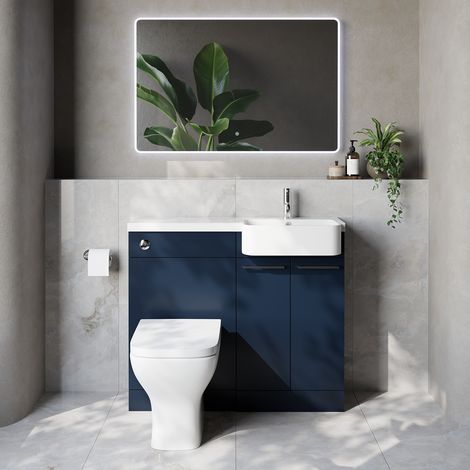 Napoli 250 Deep Blue 1000mm 2 Door Vanity Unit Toilet Suite with Right Hand Round Rico Semi Recessed Basin - 1000mm - Chrome 160mm HandleWith Kingston Toilet Pan and Seat