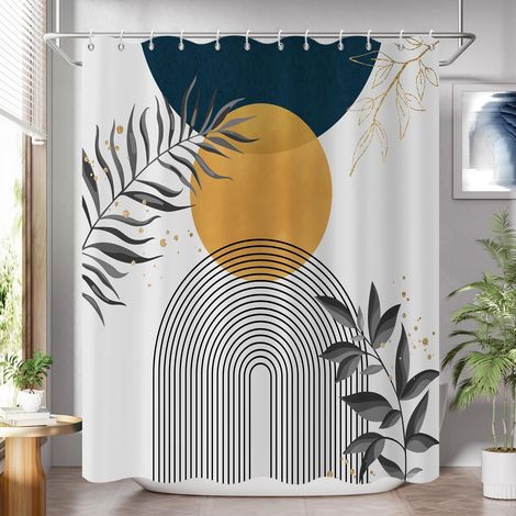 Rideau de Douche, 165x180cm, Bleu Marine Jaune Boho Abstrait Moderne du Milieu du Siècle avec Arc de Feuille Minimaliste Tissu Pmperméable Machine Lavable Rideau de Salle de Bain avec Crochets (1/5)