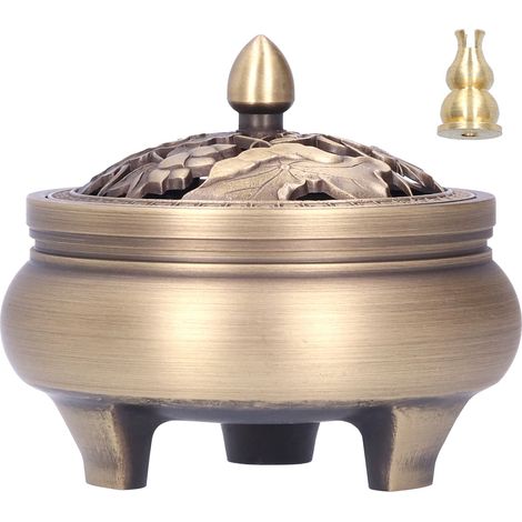 Encensoir antique en laiton avec couvercle, ornement Bouddha à 3 pieds pour décoration intérieure (1/5)