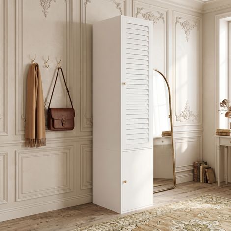 Armoire haute 200 cm avec penderie et 3 étagères, armoire blanche étroite à porte à lamelles pour chambre, salle de bain et enfant (1/5)