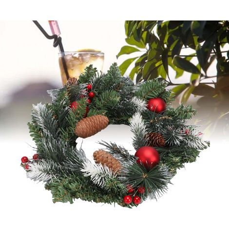 Couronne de Noël artificielle pré-illuminée verte décorée de pommes de pin, de grappes de baies et de branches givrées, lumière chaude, 40 cm (15,75 po) (1/5)