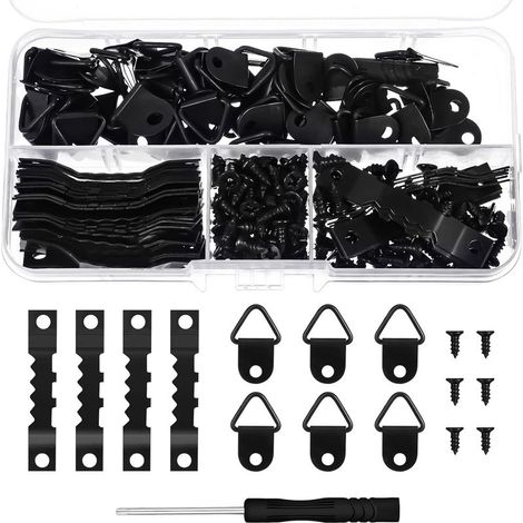 Kit de suspension de 251 pièces comprenant 50 cadres photo en dents de scie, 50 boutons tournants pour cadre, 150 vis et 1 tournevis pour accrocher des photos, des dessins (1/5)