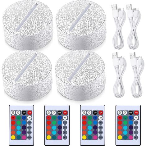 Ensemble de 4 lumières LED 3D, éclairage RGB 16 couleurs, base effet nuit craquelée, alimentation par batterie ou USB, base avec télécommande. (1/5)