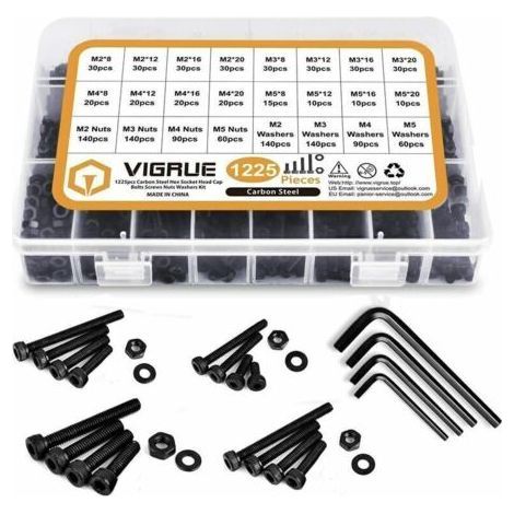 Kit 1225PCS M2 M3 M4 M5 Carbon Steel Hex Button Socket Head Cable Bolts Screws with Nuts Assortment (Black),