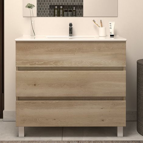 Meuble sous vasque seul, 3 tiroirs, 80cm, pour simple vasque - nebraska (chêne clair) - MAYOR