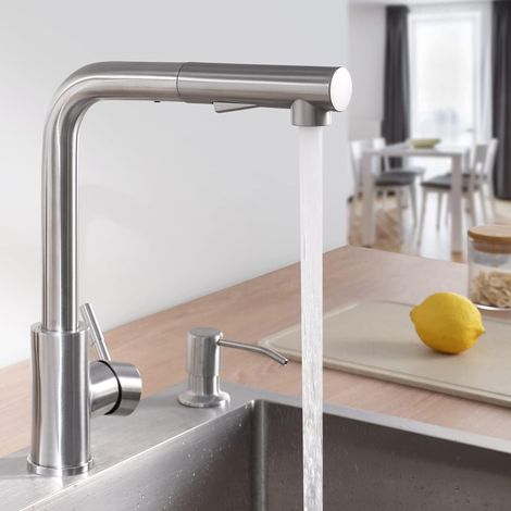Kitchen faucet with 2 spray modes, kitchen mixer tap with pull-out spray, 360° rotating, cold and hot, available, brushed stainless steel (1/5)