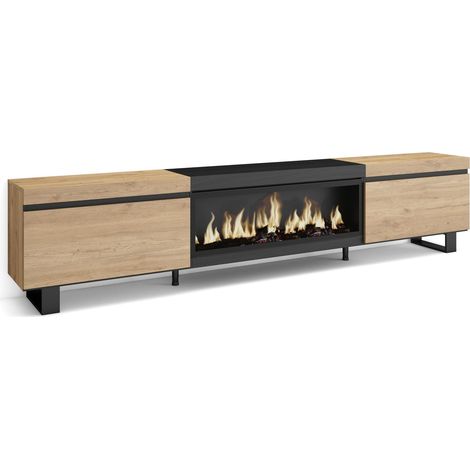 Skraut Home - Mueble TV, Televisión, Muebles de salón, almacenaje, 267x57x35 cm, Para TV gran formato, Chimenea eléctrica XXL, Diseño industrial, Estilo Moderno, Roble y negro (1/5)