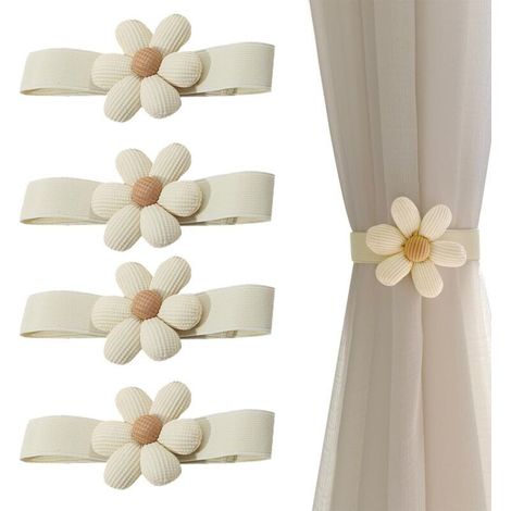 Attache Rideau Fleur Créative 4 Pièces Corde Élastique Beige Pour Maison Bureau Décoration Douce Et Chic Idéale Pour Rideaux Légers (1/4)