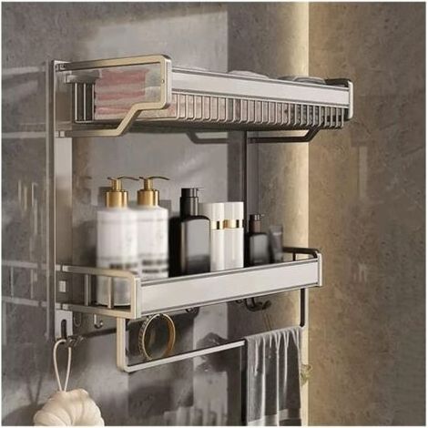 Étagère de rangement murale en métal à 2 niveaux pour salle de bain, étagère multifonctionnelle avec porte-serviettes et crochets pour salle de bain, toilettes, cuisine, camping-car (1/4)
