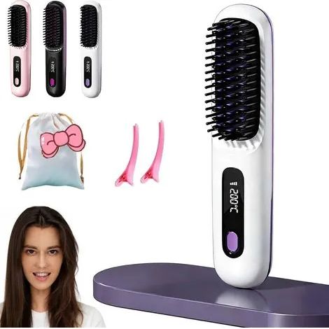 Brosse coiffante Cocoony pour cheveux courts, brosse lissante portable sans fil et rechargeable avec écran LED, 3 modes, pour le coiffage quotidien et les voyages (blanche) (1/3)