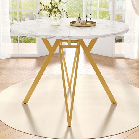 Table ronde 100×100×76 cm avec plateau mdf effet marbre et pieds en métal doré, idéale salle à manger (1/5)