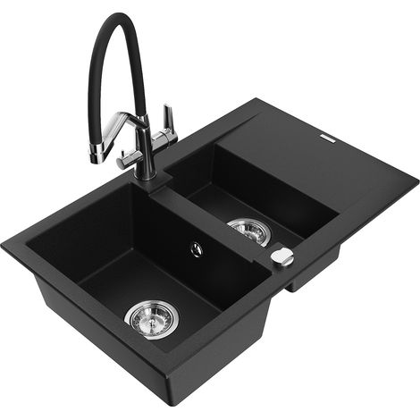 Mexen Gaspar fregadero de granito 1,5 cubetas con escurridor y grifo de cocina Duo, negro - 6507-77-671701-07