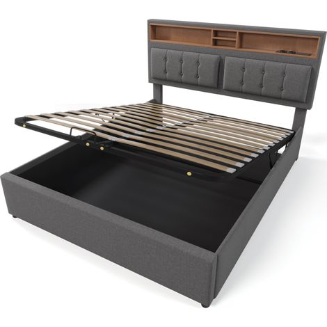 Cama doble capitoné 140x200 cm con almacenaje, cabecero regulable, USB Tipo C, gris (1/5)