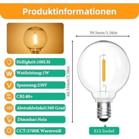 25 ampoules LED extérieures E12 G40 1W, blanc chaud 2200K, ampoules à filament LED G40 transparentes, étanches IP54, ampoules de remplacement E12, 230V non dimmables, pour jardin, terrasse, balcon, fê