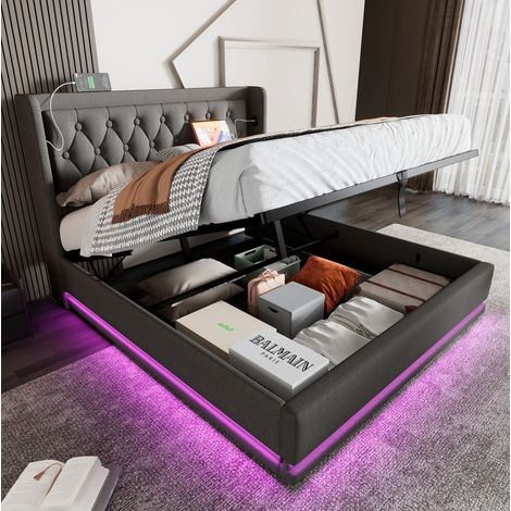 Letto matrimoniale 180x200 cm imbottito grigio in cotone, contenitore idraulico, testiera con USB e LED