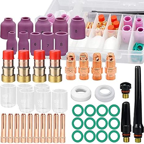 51Pcs Torche de Soudage pour TIG Lentille de Gaz Stubby 10 Kit de Coupe en Verre, 10pcs Buse en Alumine pour WP-17/18/26