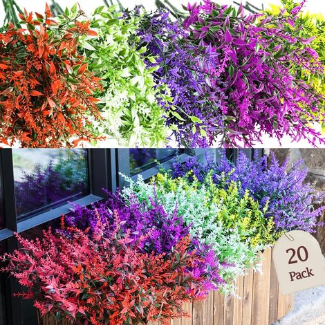 20 Bundles Artificial Flowers, artificial plants outdoor,UV Resistant Plastic Shrub Fake Flowers, for outside, garden, hanging, basket, fence, window, trellis decoration (Multi-coloured)