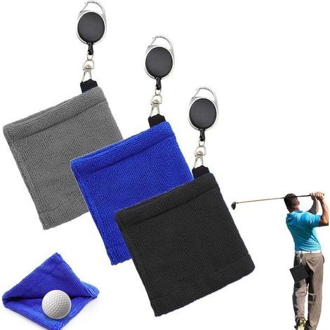 pezzi, asciugamano per palline da golf, asciugamani anfibi per sacca da golf, con fibbia retrattile, asciugamano da golf morbido e delicato, resistente, 1212 cm, nero, blu e grigio (1/5)