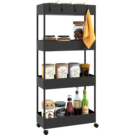 Carrito de cocina, 4 cestas, ganchos extraíbles, negro (1/5)