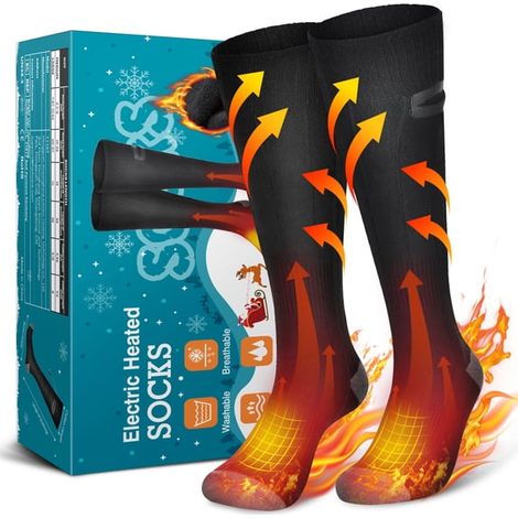 Chaussettes chauffantes rechargeables unisexes, 4000 mAh, chaussettes chaudes d'hiver lavables, chaussettes chauffantes améliorées pour les pieds, cadeau d'hiver pour l'extérieur (noir, taille L). (1/5)