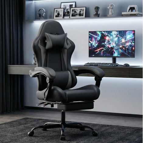 Silla gaming con reposacabezas, cojín lumbar y reposapiés, negro y gris DESVIAE (1/4)