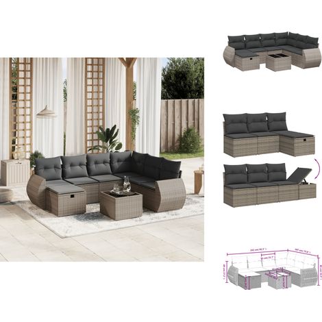 8-tlg. Garten-Sofagarnitur mit Kissen Grau Poly Rattan - Gartenmöbel Set - PE-Rattan Gartenmöbel - Outdoor Lounge - Esstisch Set - Gartenlounge (1/4)