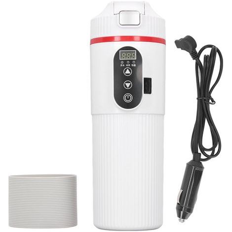 Elektrischer Wasserkocher fürs Auto (500 ml), Edelstahlbecher mit Temperaturanzeige, Zigarettenanzünderstecker, Weiß