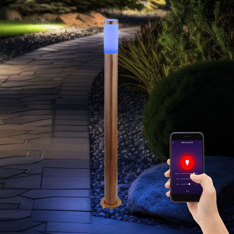 Pollerleuchte mit Bewegungsmelder Außenlampe Sensor Standleuchte Holzoptik, App Steuerung CCT, Edelstahl, 1x Smart RGB LED 8,5W 806Lm, DxH 12,7x110cm