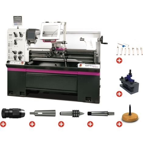 Tour à métaux hauteur des pointes 200 mm entre-pointes 1000 mm alésage 53 mm 2,3 kW 400V avec accessoires essentiels Optiturn TM4010D PACK (1/5)