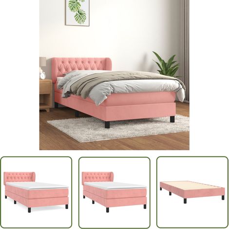The Living Store Sommier à lattes de lit avec matelas Rose 90x190 cm Velours - Lit Tapissier - Lit Velours - Lit Double - Lit Rose - Chambre À Coucher (1/5)
