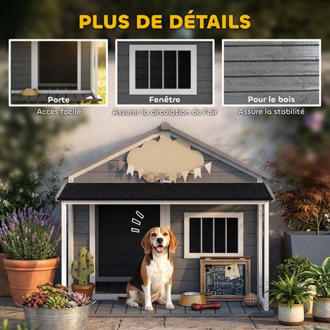 Niche pour Chien Extérieur avec Terrasse et Toit Bitumé Bois 124 x 112 x 105 cm Gris (1/5)