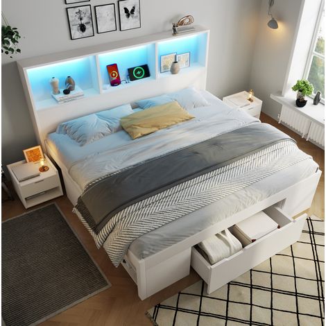 Bett 140x200 cm aus weißem Holz mit integriertem Stauraum für kleine Räume – MEUBLIV (1/5)