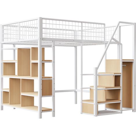 Letto a soppalco multifunzione 140 x 200 cm in metallo bianco con ripostiglio e scala (1/5)
