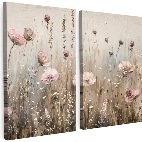 MULTI-PANEL WALL ART Set of 2 Flowers - Beige - Modern - Pink 80x60 cm