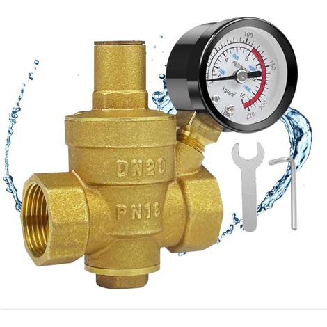 DN20 Réducteur de Pression D'Eau, Reducteur de Pression Eau, Pression D'Eau Réglable, Régulateur de Pression D'Eau, Réduction de Pression D'Eau Réglable en Laiton avec Manomètre Compteur (1/5)