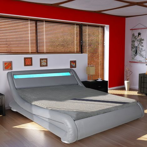 Lit adulte WAVE 160x200 cm – Structure en multiplis matelassé gris – Sommier à 13 lattes flexibles – Éclairage LED 16 couleurs – Weber Industries (1/5)